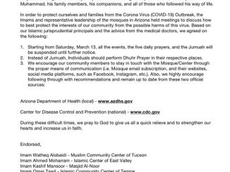 Joint Statement from the Arizona Islamic CentersMosques Regarding the Global Coronavirus Pandemic